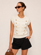 Decorative Metal Button Crew Neck Knit Top