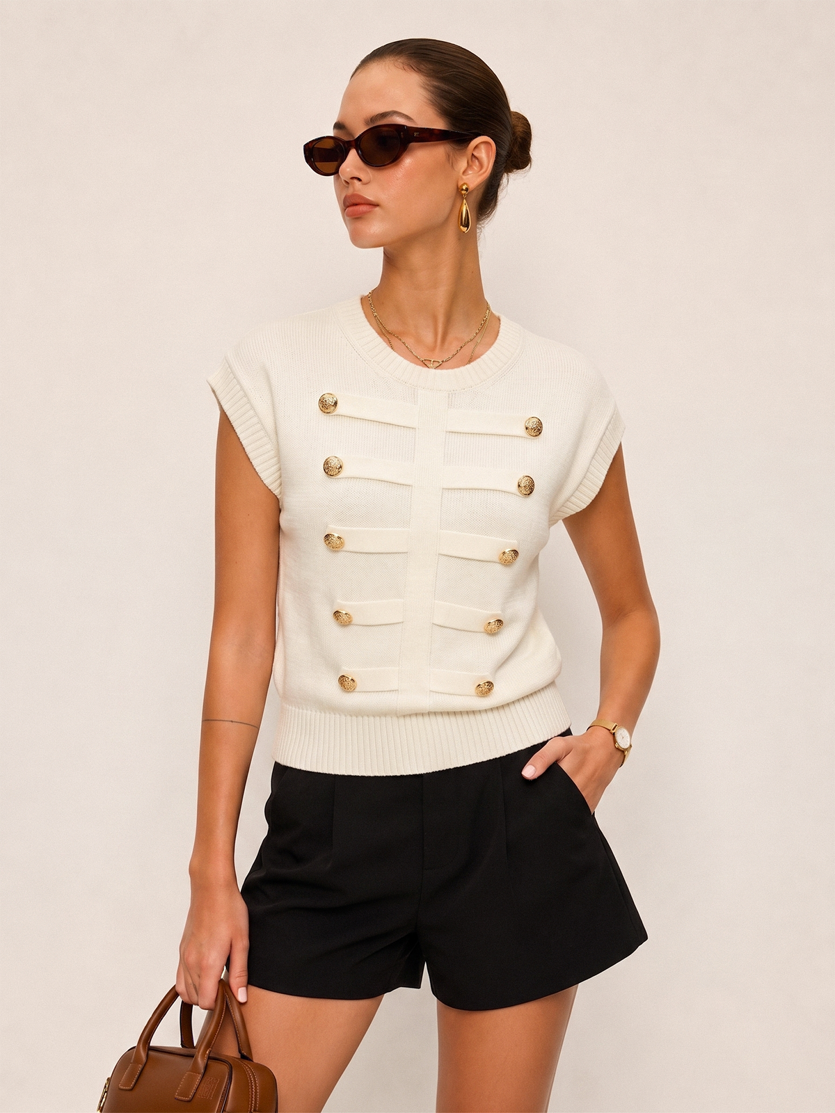 Decorative Metal Button Crew Neck Knit Top