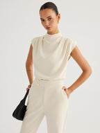 Draped High-Neck Cap Sleeve Blouse