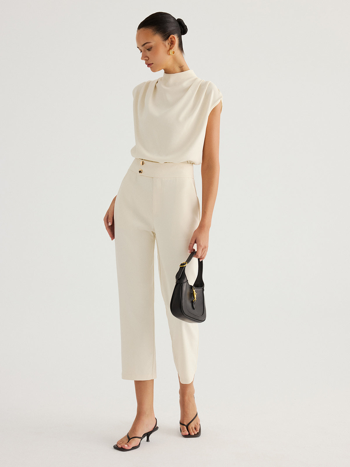 Draped High-Neck Cap Sleeve Blouse