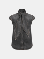 Tie Neck Sleeveless Denim Shirt