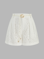 Mid-Waist Belted Lace Shorts