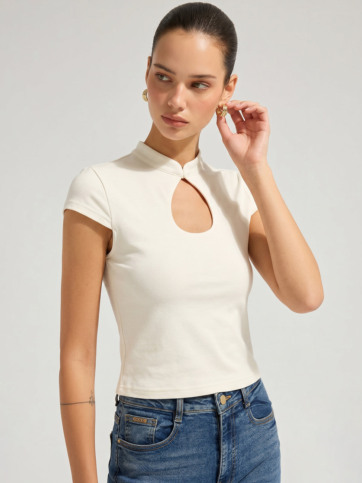 Mandarin Collar Keyhole Short Sleeve Top