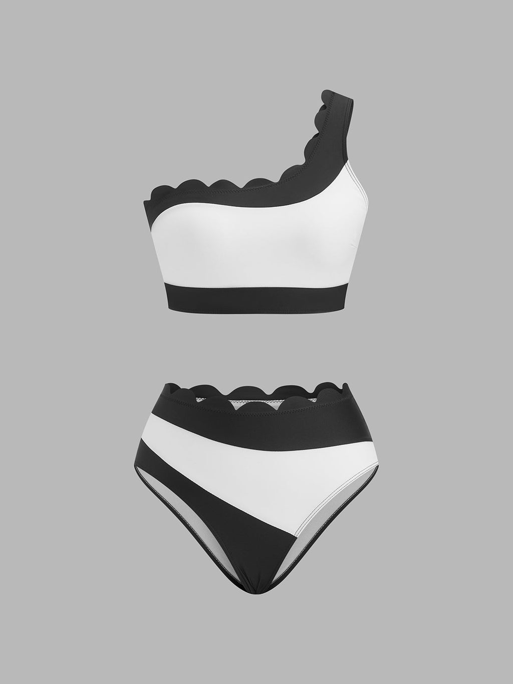 Scalloped Edge Color Block One Shoulder Bikini Set