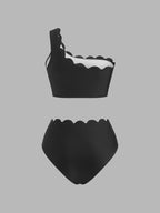 Scalloped Edge Color Block One Shoulder Bikini Set