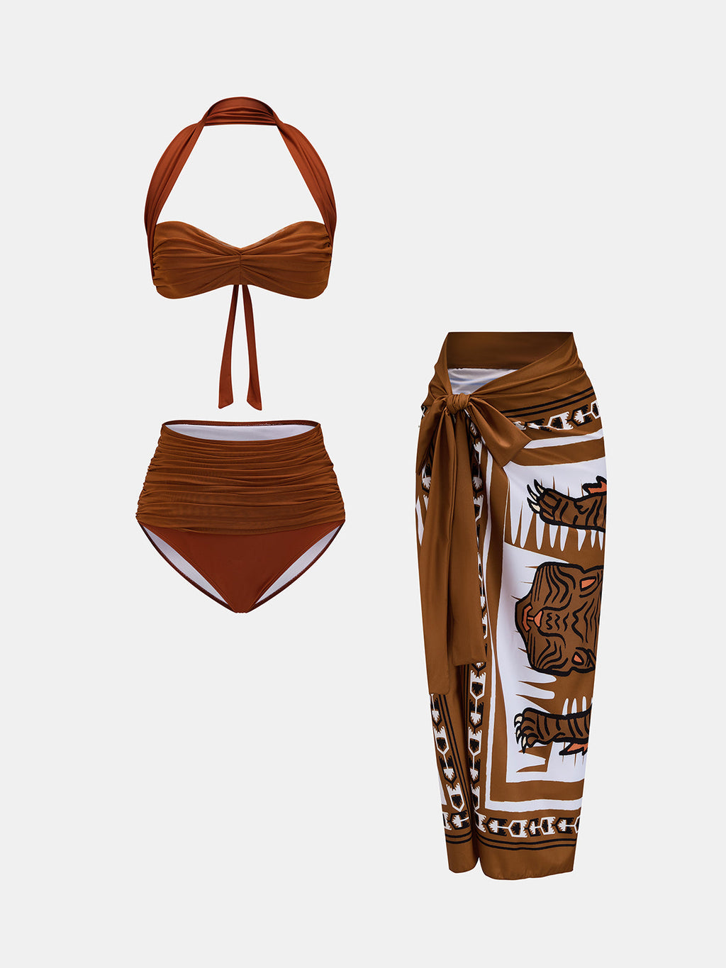 Ruched Halter Bikini & Tiger Print Sarong 3Pcs Swim Set