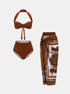 Ruched Halter Bikini & Tiger Print Sarong 3Pcs Swim Set