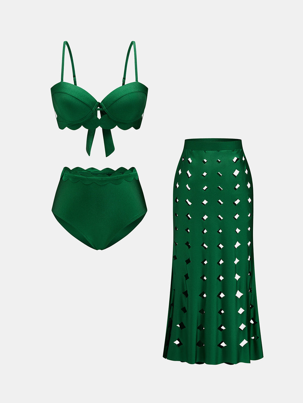 Bow Back Bikini & Diamond Cutout Skirt 3Pcs Swim Set