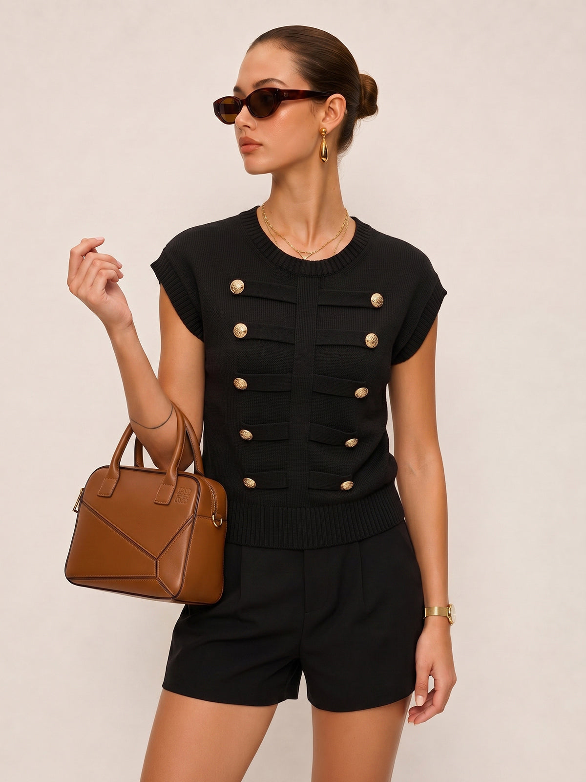 Decorative Metal Button Crew Neck Knit Top